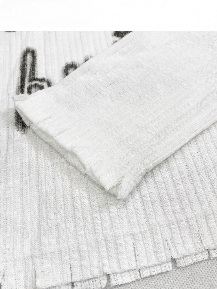 White Y2K Asymmetrical Neckline Print Design Long Sleeves Top + Neck Accessory