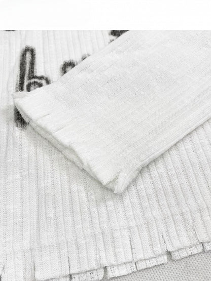 White Y2K Asymmetrical Neckline Print Design Long Sleeves Top + Neck Accessory