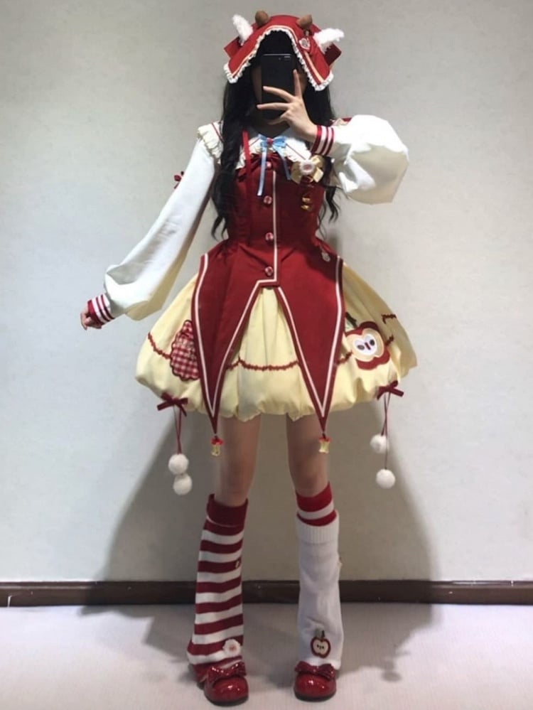 Sheep Embroidered Leg Warmer/White Apple Embroidered Leg Warmer/Red and White Striped Calf Sock Set