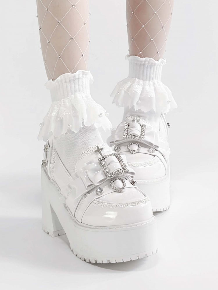 Polished White Jirai Kei Rhinestone Decorated Bow at Top Lace Trim Platform High Block Heels Slipons