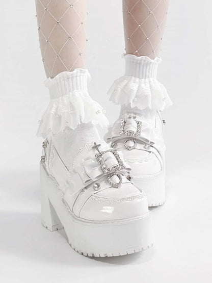 Polished White Jirai Kei Rhinestone Decorated Bow at Top Lace Trim Platform High Block Heels Slipons