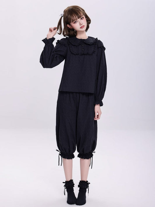 Plus Sizes Available Black Elastic Waist and Scalloped Eyelet Trim Cuffs Lolita Bloomer Pants