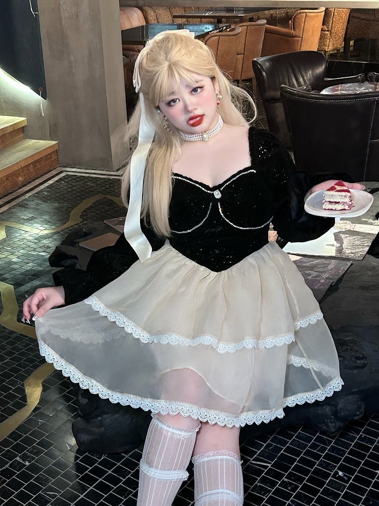 Plus Size Bowknot Details Black and White Basque Waist Sweet Dress