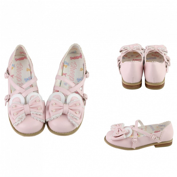 Pink Beaded Decorated Bow at Top Crisscross Design Bunny Ear Lolita Shoes