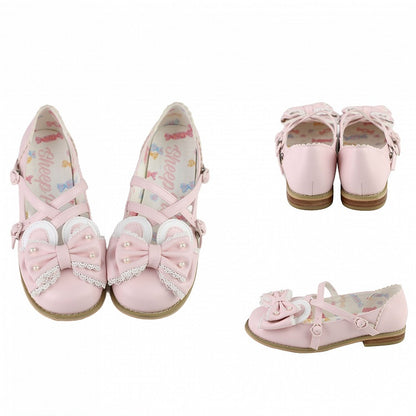 Pink Beaded Decorated Bow at Top Crisscross Design Bunny Ear Lolita Shoes