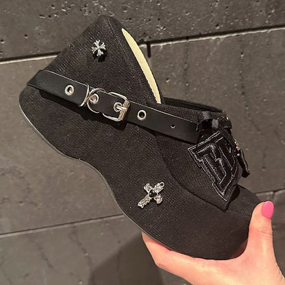 Y2K Skeleton Hand Embroidered Letters Punk Platform Slippers