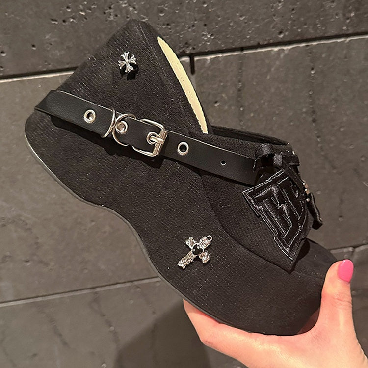 Y2K Skeleton Hand Embroidered Letters Punk Platform Slippers