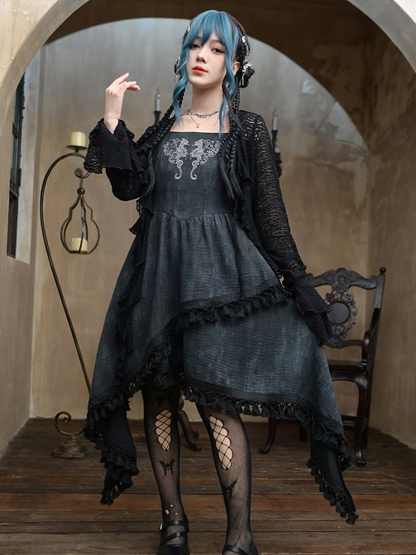 Black Bell Sleeves Asymmetrical Ruffled Hem Hollow-out Lace Cardigan