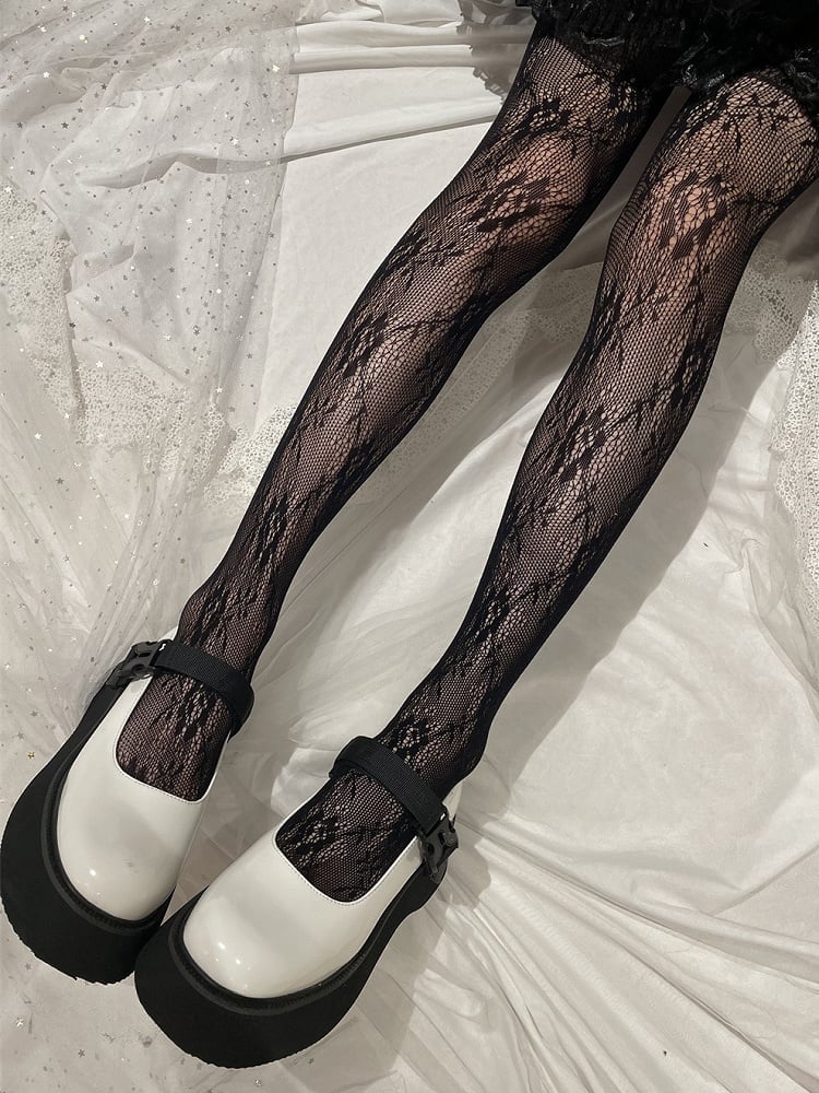 Black/White Lolita Floral Pattern Lace Tights
