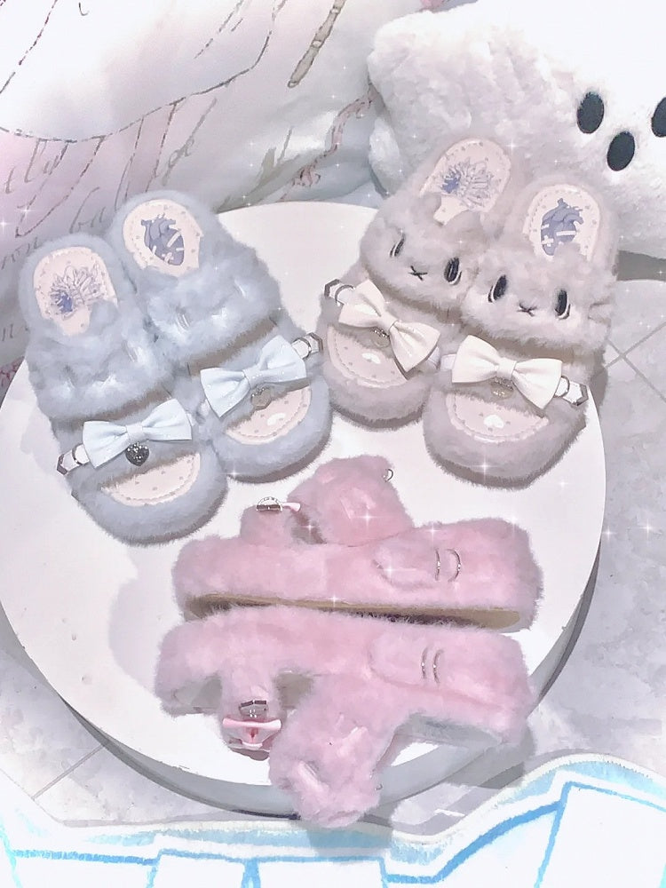 Light Blue Jirai Kei Plush Slippers: Embroidered Cat Design with Platform Sole & Top Bow