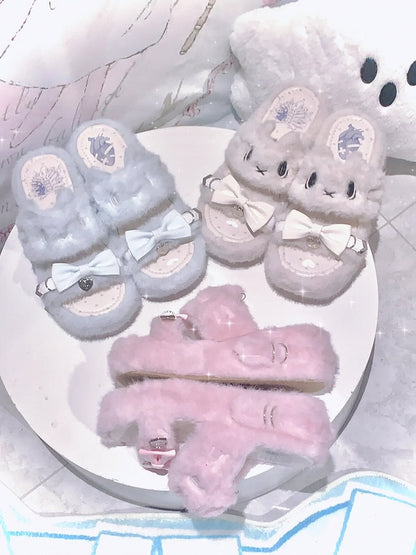 Light Blue Jirai Kei Plush Slippers: Embroidered Cat Design with Platform Sole & Top Bow