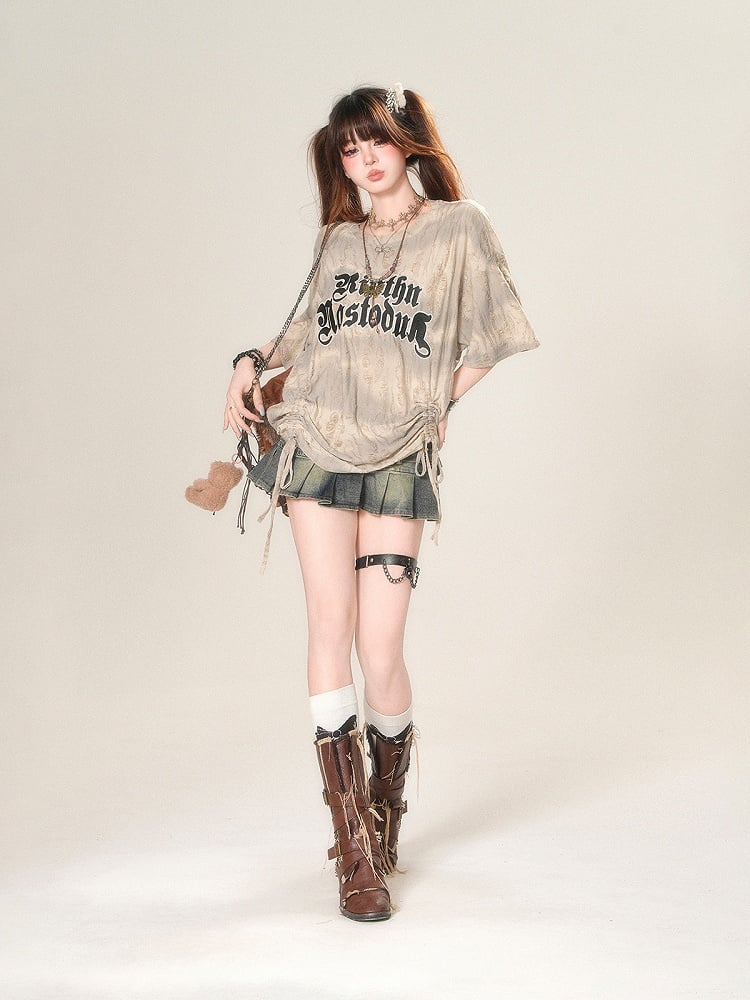 Apricot Letter Print Drawstring Waist Distressed Holes Loose T-Shirt