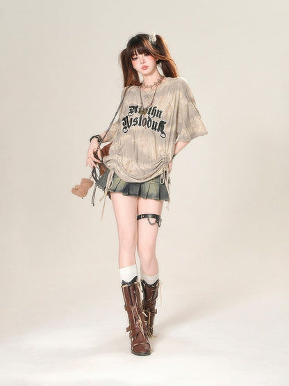 Apricot Letter Print Drawstring Waist Distressed Holes Loose T-Shirt