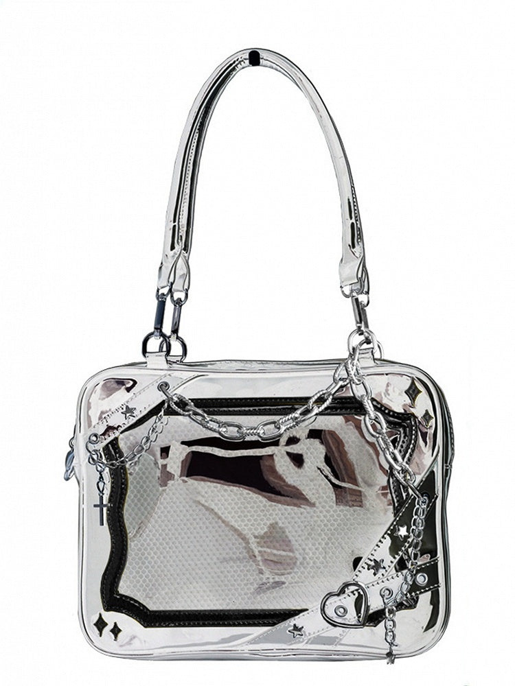 Silver & Black Crisscross Strap Ita Shoulder Bag with Cross Charm Chain