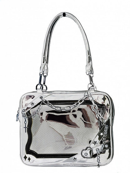 Silver & Black Crisscross Strap Ita Shoulder Bag with Cross Charm Chain