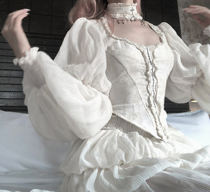 Beige Lace Ruffled Choker with Chain Cross Design