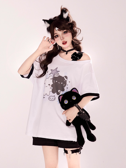 Cartoon Kitty Print Pink/Blue/Black Asymmetrical Neckline T-shirt