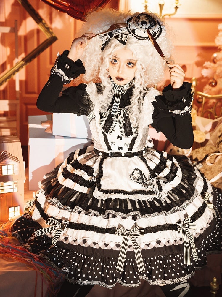Black and White Oreo Cake Bow Accents Tiered Skirt Sweet Lolita JSK Full Set