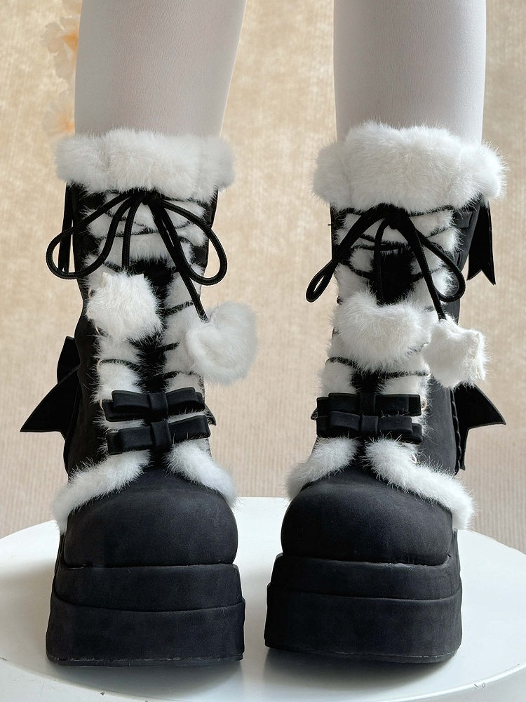 Plush Lined & Romantic Bow Accents Platform Black Boots in Sweet Lolita