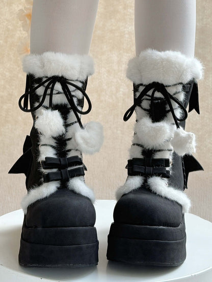 Plush Lined & Romantic Bow Accents Platform Black Boots in Sweet Lolita