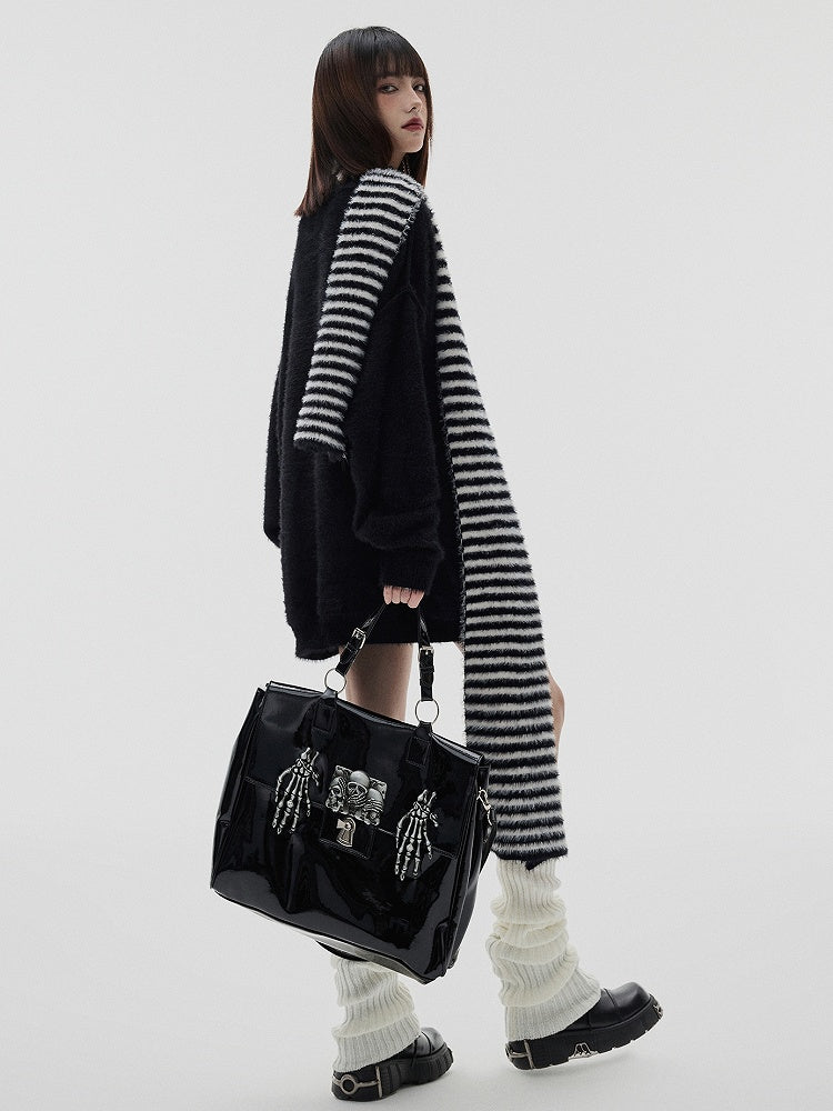 Black Punk Skeleton V-neck Oversized Sweater / Black and White Striped Scarf