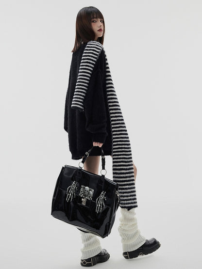 Black Punk Skeleton V-neck Oversized Sweater / Black and White Striped Scarf