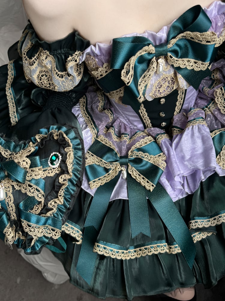 Green and Light Purple Layers Puffy Lolita Dress with Gold Lace Trim and Bow Accents
