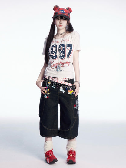 Black Low Waist Heart Embroidery Wide-leg Cargo Jeans