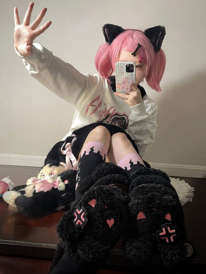 Black Plush Bunny Sweet Lolita Slipons