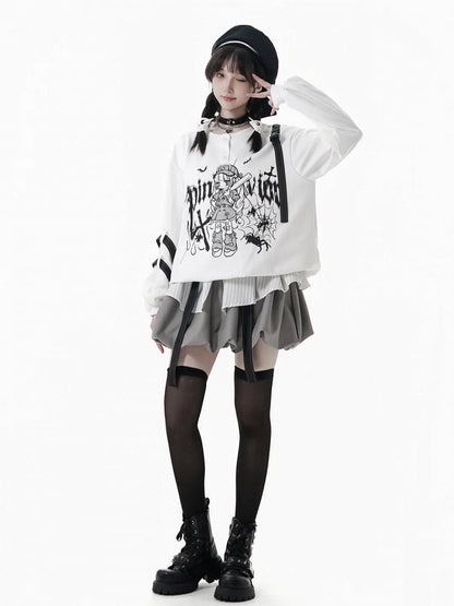 Techwear-Style Black/White Anime Girl Graffiti Sweatshirt with Letter Print and Detachable Snap Straps