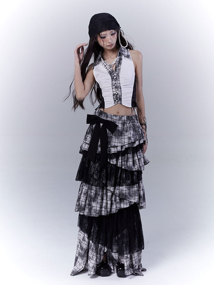 Black Plaid Pattern Shirt Collar Cropped Sleeveless Top with Lace-up Details Side