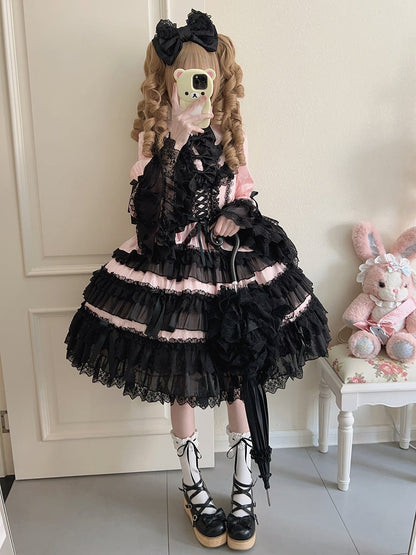Black and Pink Tiered Ruffle Skirt Bows Decorated Long Bell Sleeves Lolita Dress