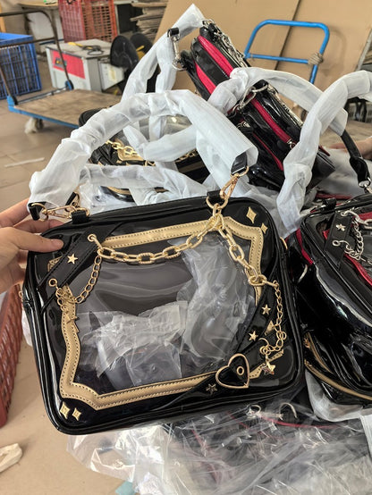 Black & Gold Crisscross Strap Ita Shoulder Bag with Cross Charm Chain