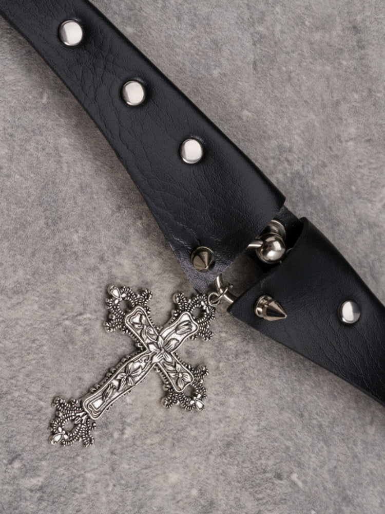 Black&Silver Gothic Cross Pendant Studs Design Buckle Choker