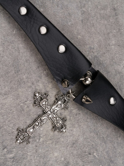 Black&Silver Gothic Cross Pendant Studs Design Buckle Choker