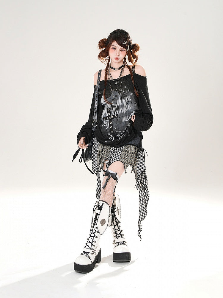 Off-the-shoulder Neckline Criss-cross Design Drawstring Sleeves Black Loose Coverup