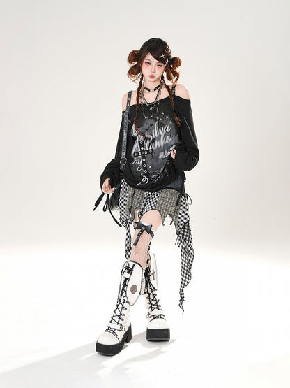 Off-the-shoulder Neckline Criss-cross Design Drawstring Sleeves Black Loose Coverup