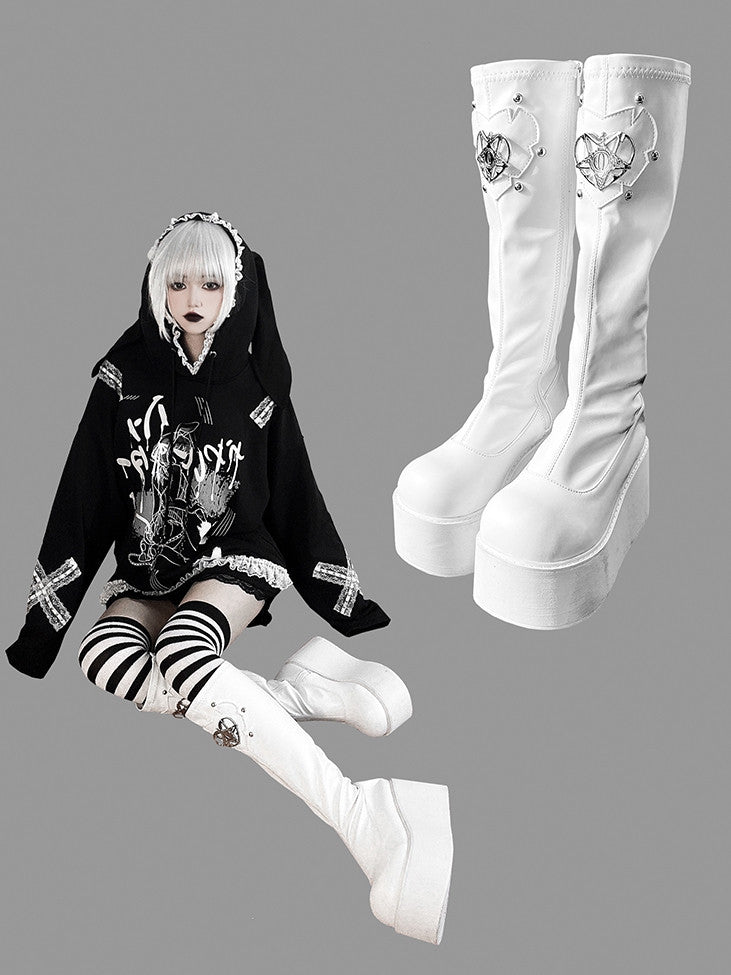 Heart Design Silver-tone Studs White Punk Boots