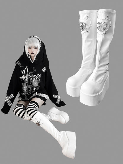 Heart Design Silver-tone Studs White Punk Boots