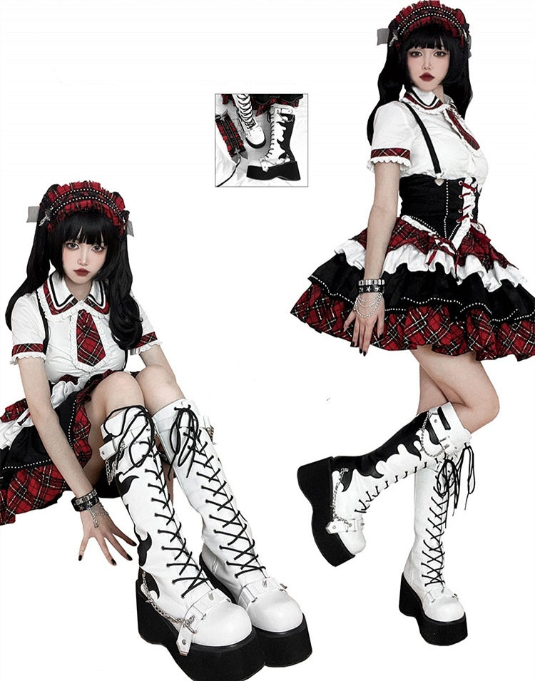 White and Black Punk Goth Platform Boots Spike Studs Chains Knee-high Boots