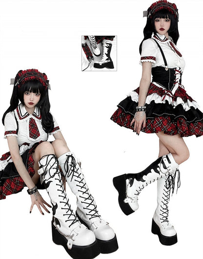 White and Black Punk Goth Platform Boots Spike Studs Chains Knee-high Boots