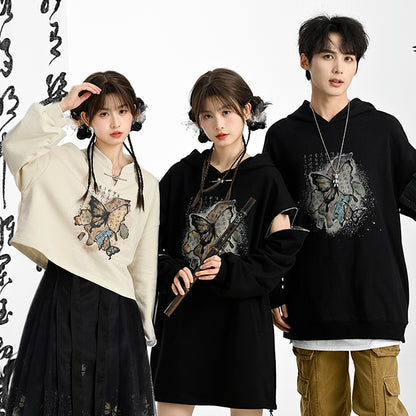 Cheongsam Style Butterfly Print Black/Apricot Banded Collar Sweatshirt
