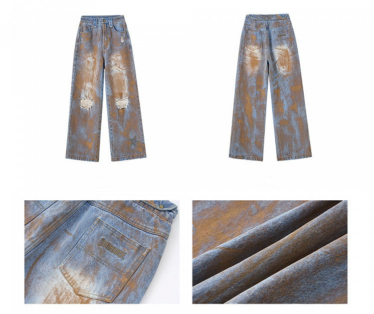 Wasteland Punk Blue Tie Dye Straight Leg Jeans Distressed Holes