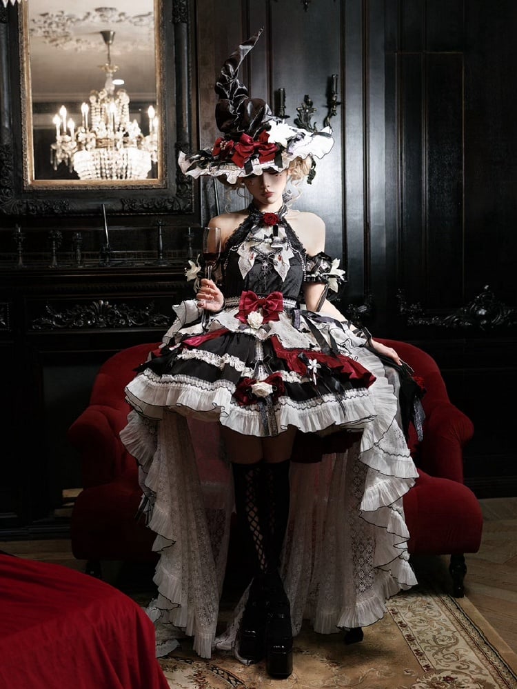 Black and Red Halter Neck Little Witch Lolita Backless Dress + High-low Skirt Full Set
