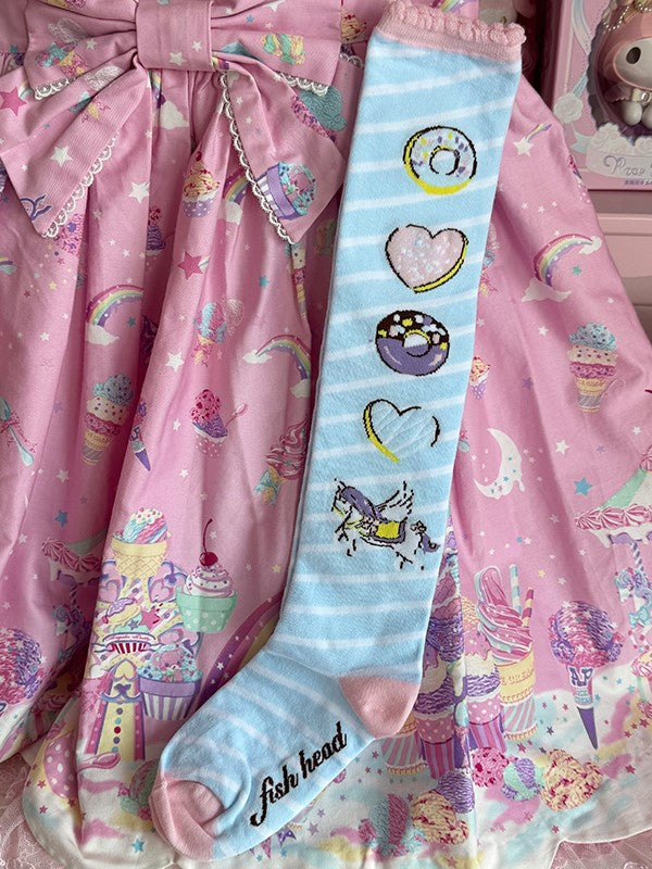 Pink/Yellow/Blue/Purple Unicorn Donut Print Striped Pattern Lolita Over Knee Stockings