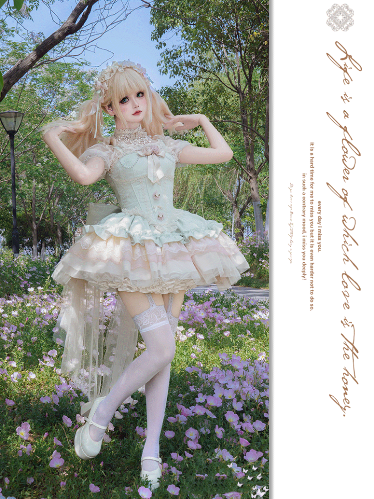 Green Boned Basque Waist Jacquard Fabric Hime Lolita Balletcore Puffy Dress JSK with Big Bow Train