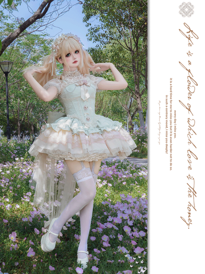 Green Boned Basque Waist Jacquard Fabric Hime Lolita Balletcore Puffy Dress JSK with Big Bow Train