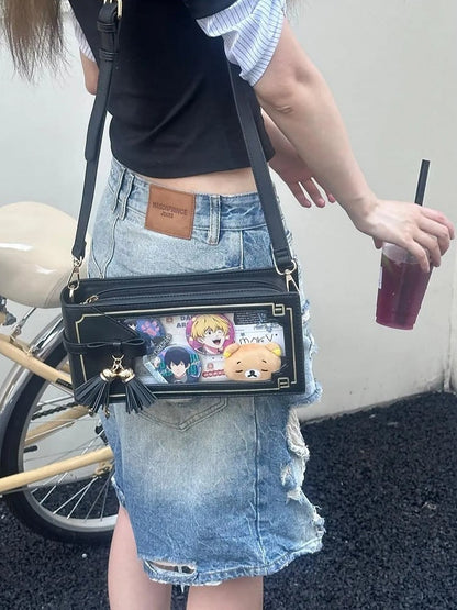 Black PU Floral Pattern Cheongsam Style Ita Bag With Bow & Fringe Accent