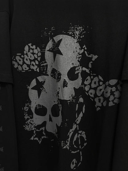 Black Faux Two-Pieces Top with White Skeleton and Cross Print