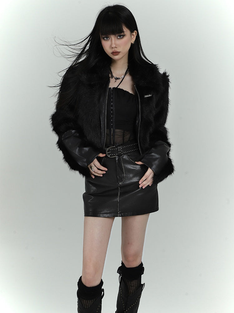 Black Zip Closure Shaggy PU Jacket
